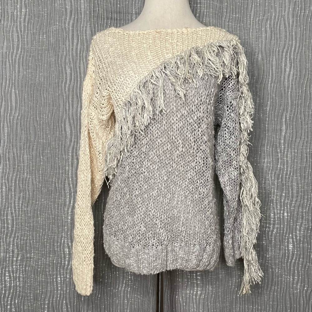 Karen Kane linen blend asymmetric fringe trim sweater
